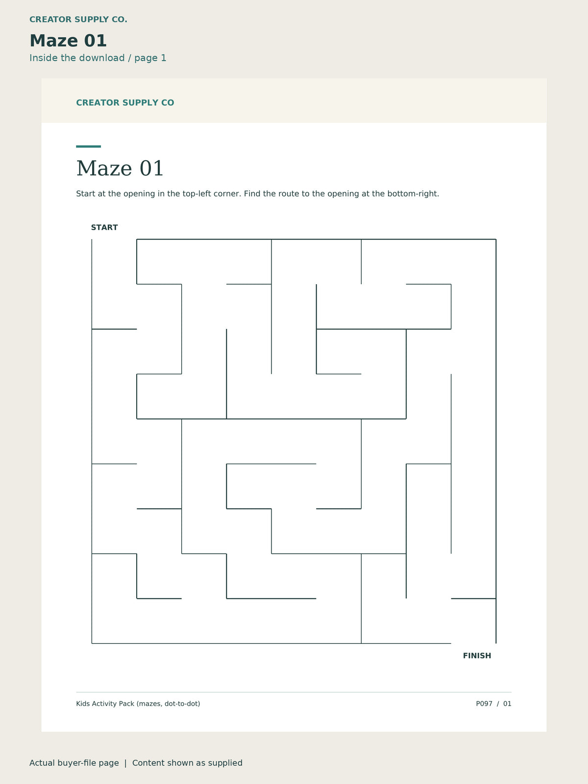 Page 1 from Kids Activity Pack (mazes, dot-to-dot), showing Maze 01.