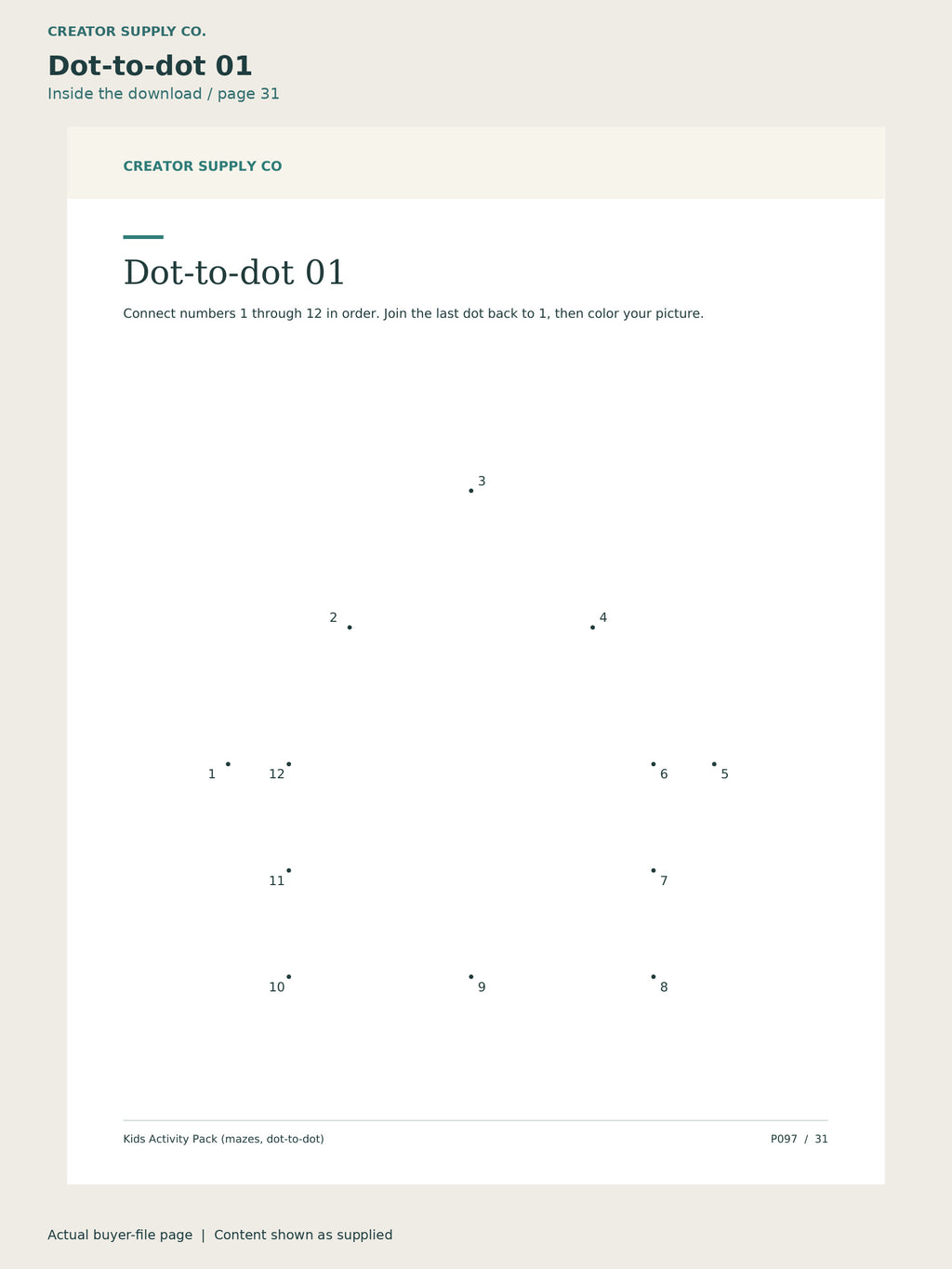 Page 31 from Kids Activity Pack (mazes, dot-to-dot), showing Dot-to-dot 01.