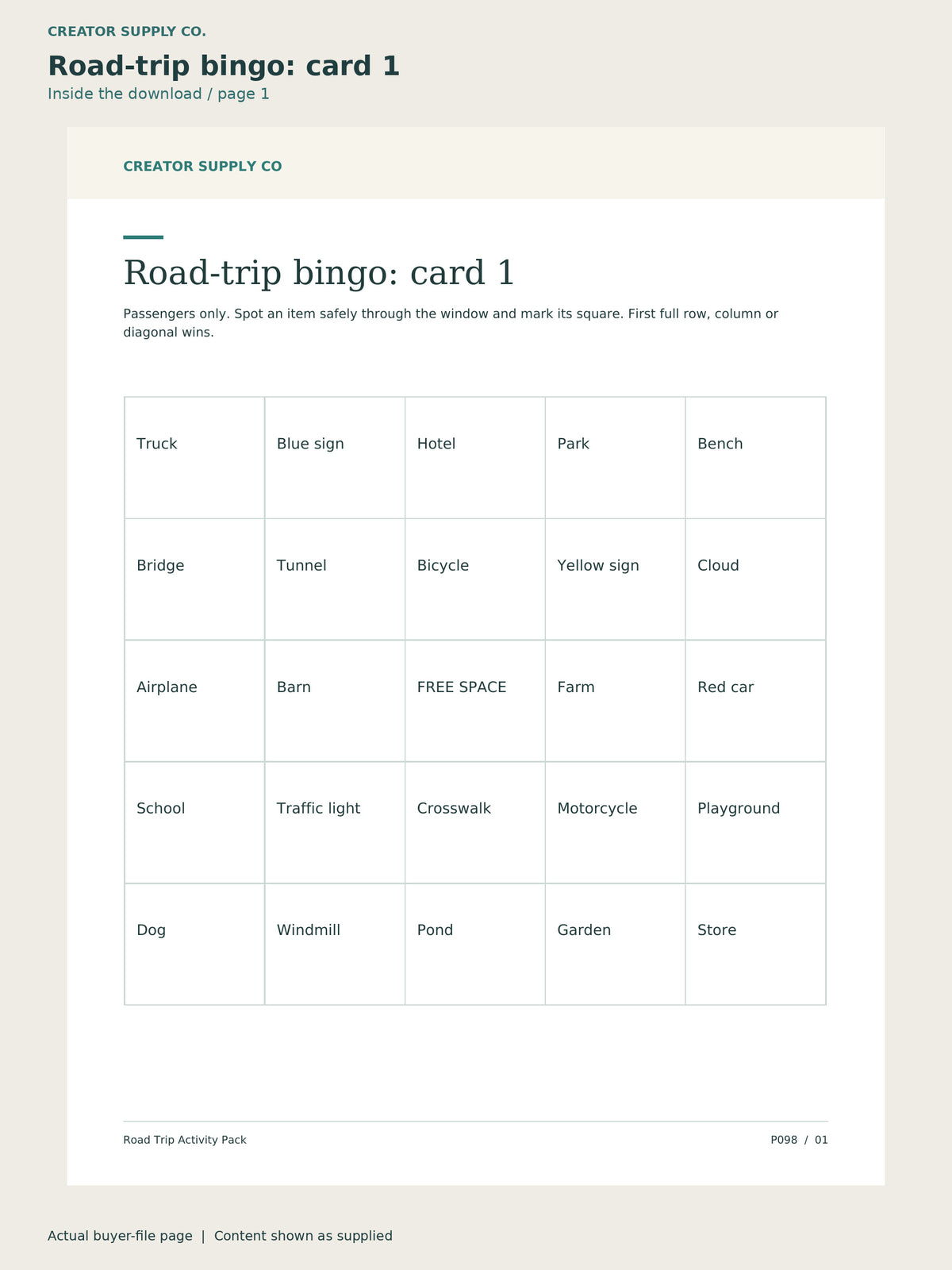 Page 1 from Road Trip Activity Pack, showing Road-trip bingo: card 1.