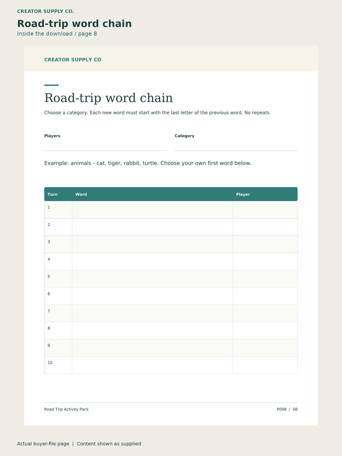 Page 8 from Road Trip Activity Pack, showing Road-trip word chain.