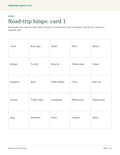 Printable road-trip bingo card with a five-by-five grid of sights for passengers to spot.