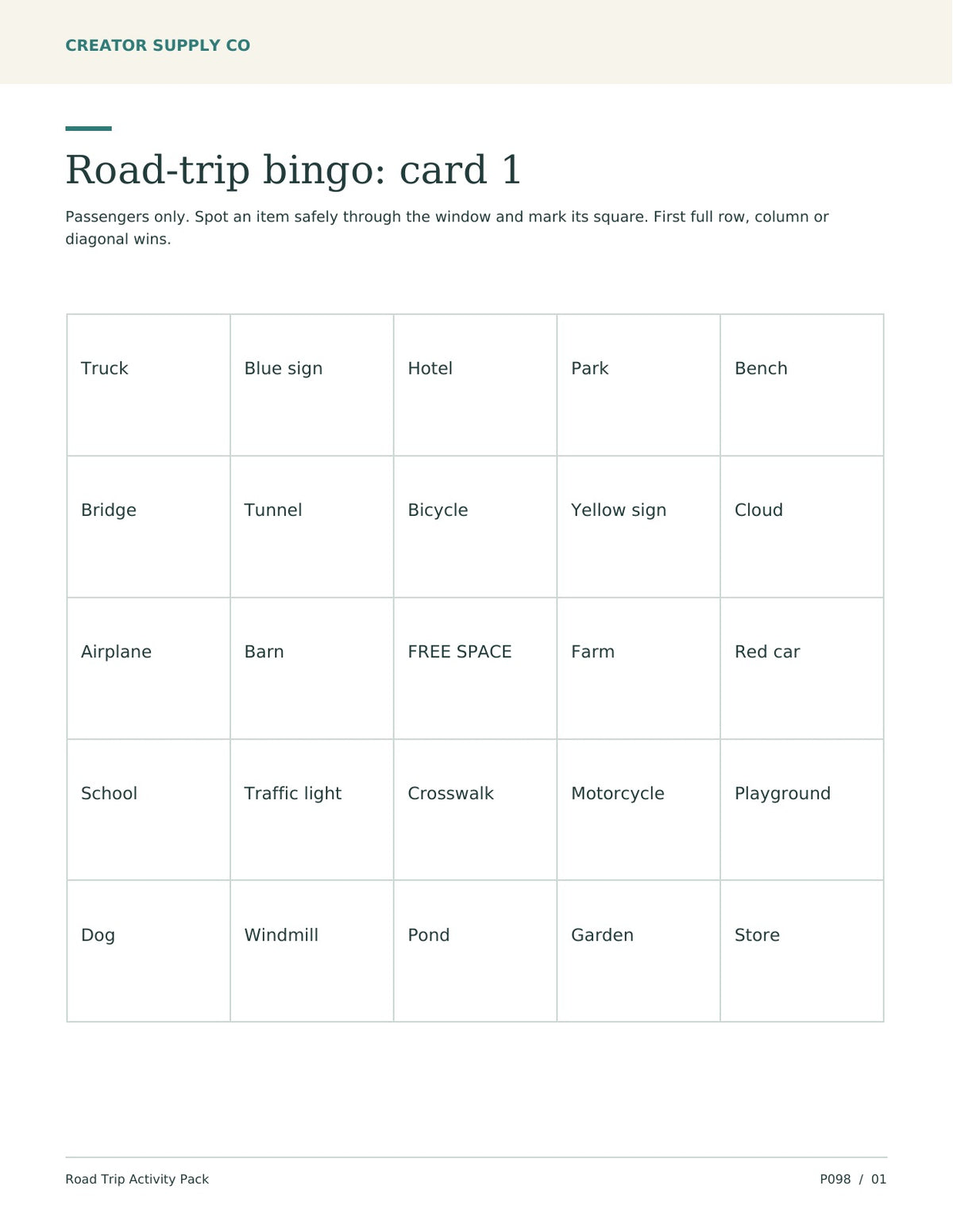 Printable road-trip bingo card with a five-by-five grid of sights for passengers to spot.