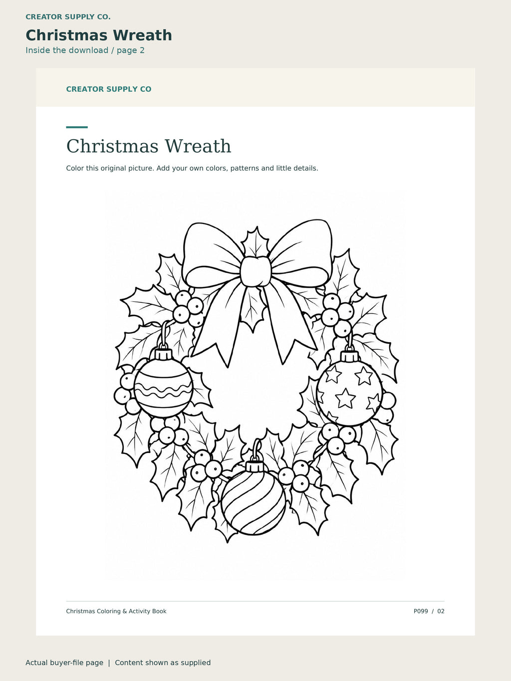 Page 2 from Christmas Coloring & Activity Book, showing Christmas Wreath.