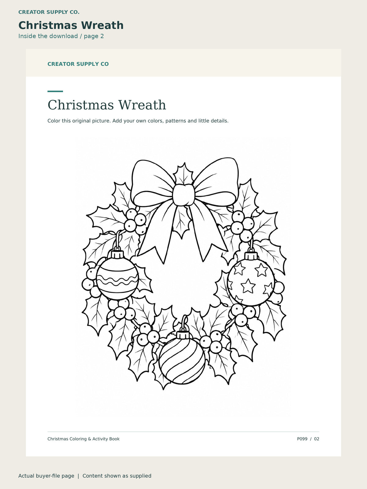 Page 2 from Christmas Coloring & Activity Book, showing Christmas Wreath.