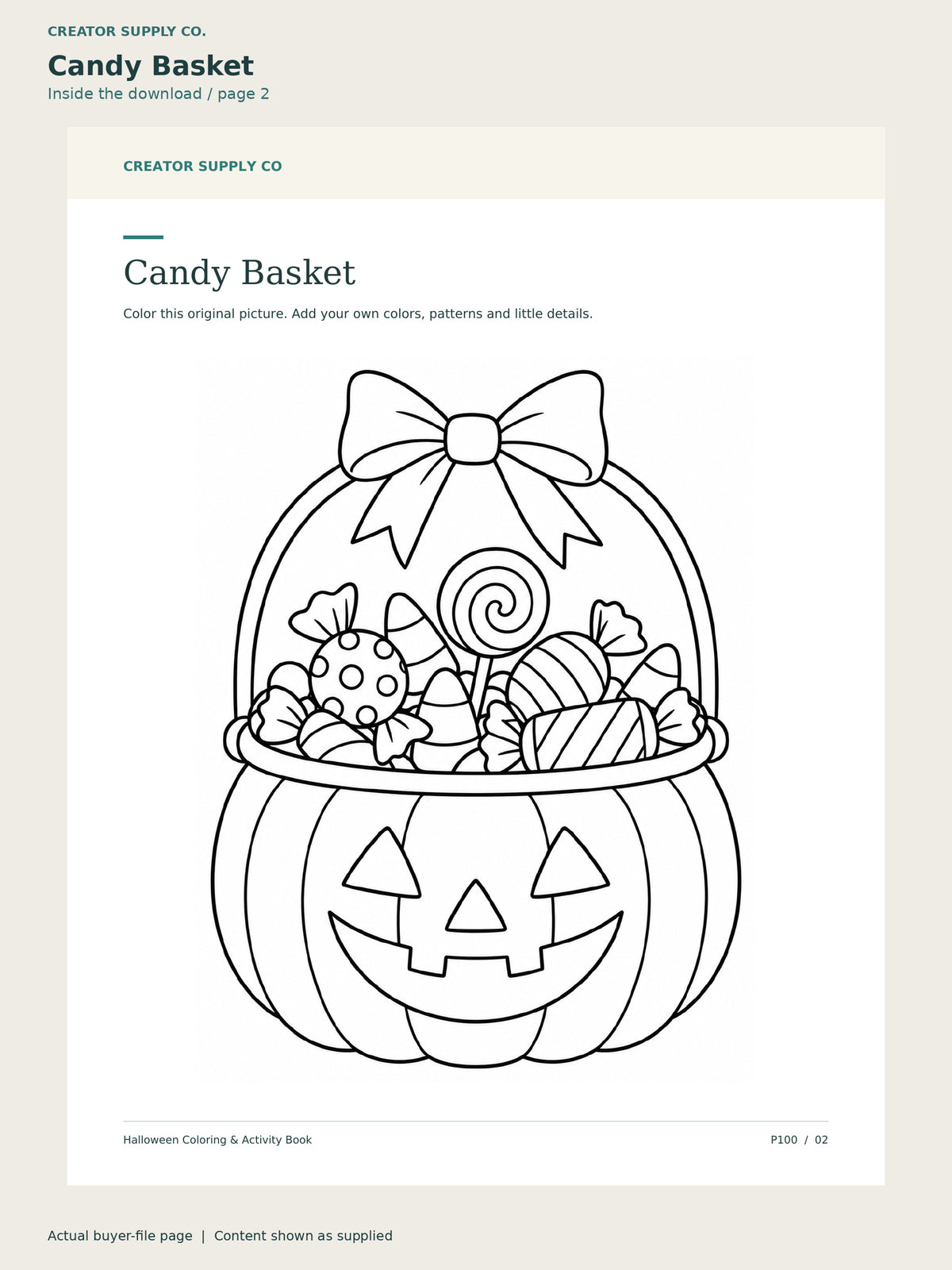 Page 2 from Halloween Coloring & Activity Book, showing Candy Basket.