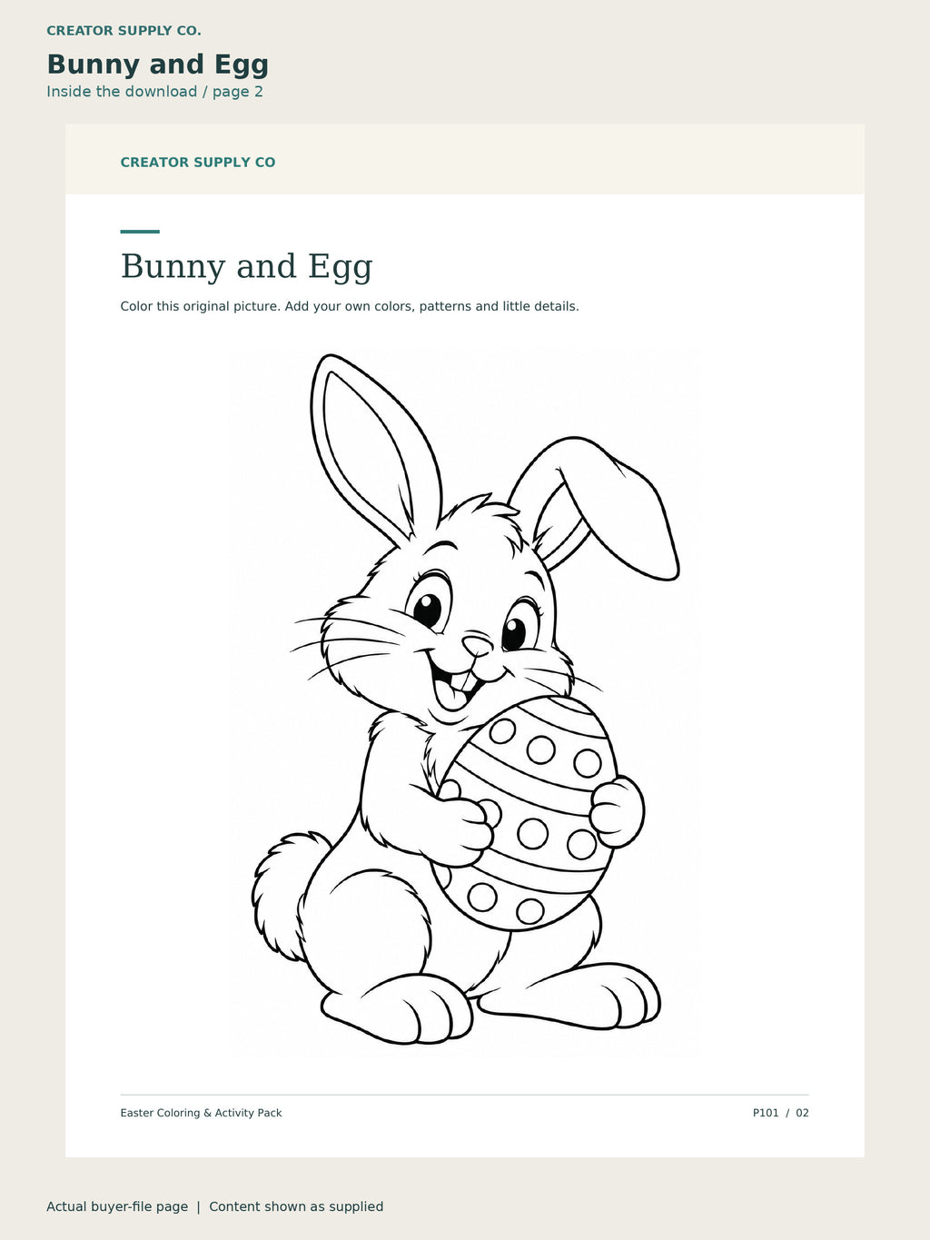 Page 2 from Easter Coloring & Activity Pack, showing Bunny and Egg.