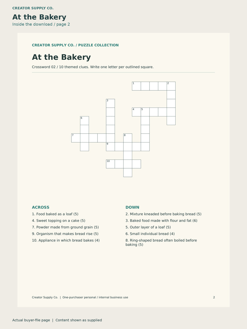 Page 2 from Crossword Puzzles for Adults, showing At the Bakery.