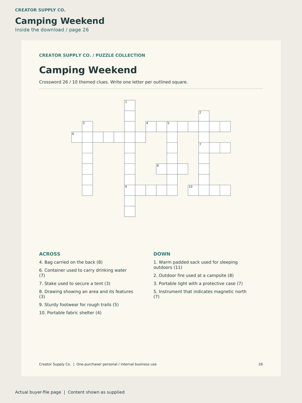 Page 26 from Crossword Puzzles for Adults, showing Camping Weekend.