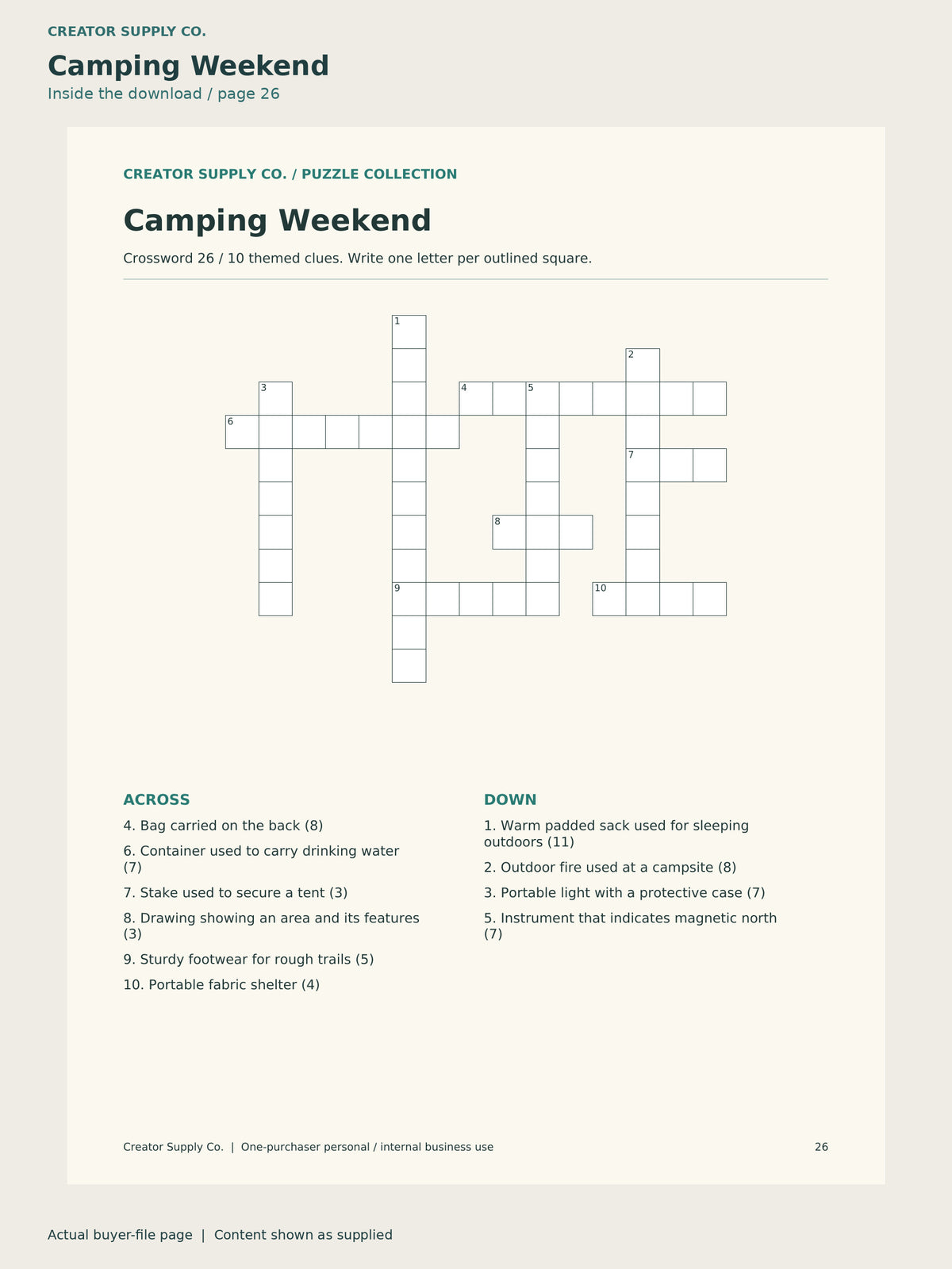 Page 26 from Crossword Puzzles for Adults, showing Camping Weekend.