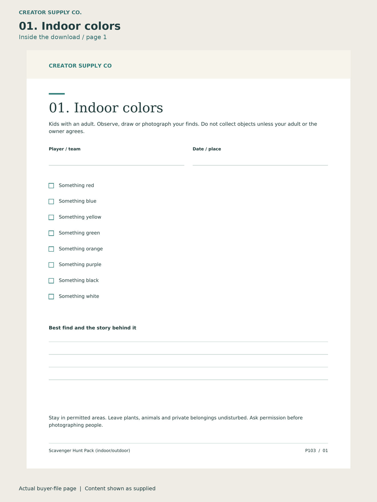 Page 1 from Scavenger Hunt Pack (indoor/outdoor), showing 01. Indoor colors.