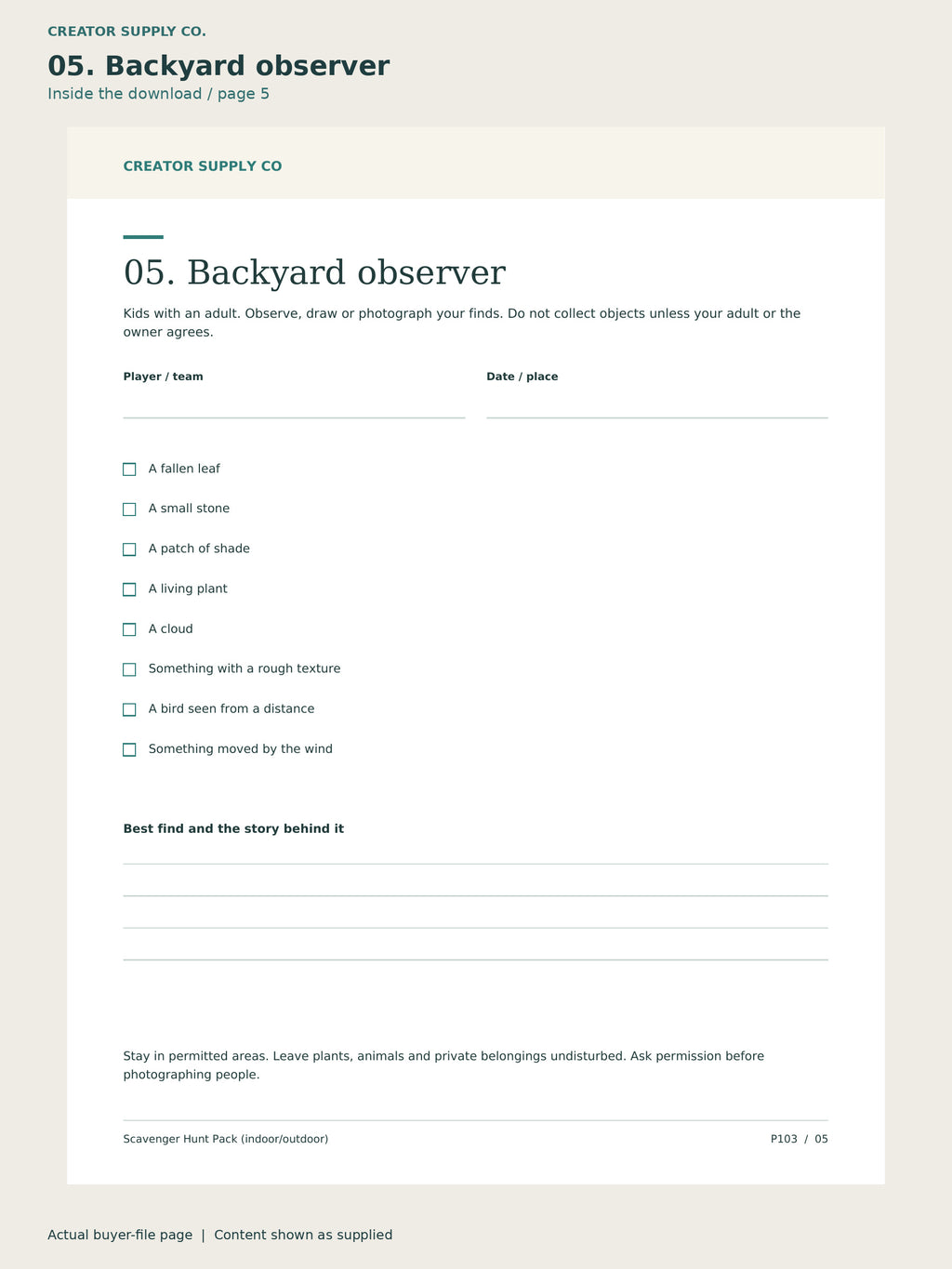 Page 5 from Scavenger Hunt Pack (indoor/outdoor), showing 05. Backyard observer.