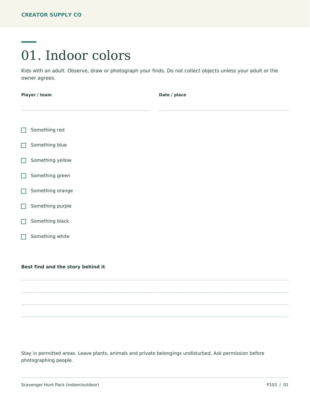 Scavenger Hunt Pack (indoor/outdoor) – printable PDF pages preview