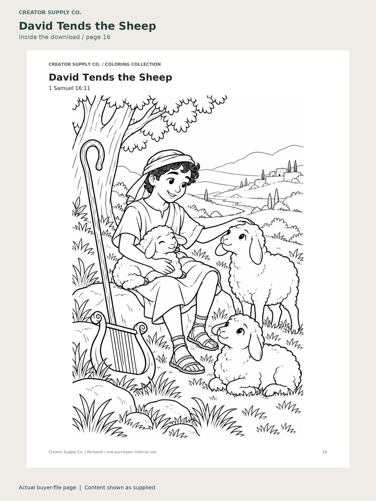 Page 16 from Bible Story Coloring Pages, showing David Tends the Sheep.