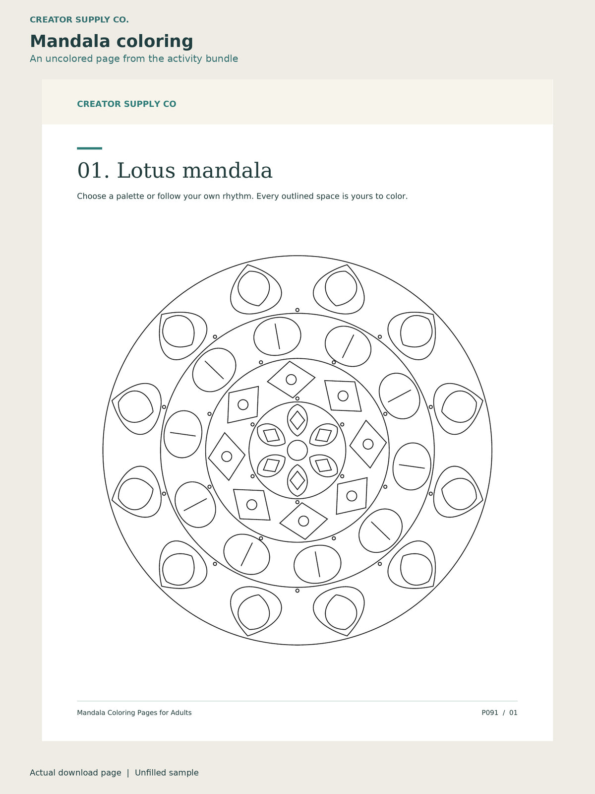 Uncolored Lotus mandala page from the Coloring and Activity Mega Bundle, showing the complete symmetrical line-art design.