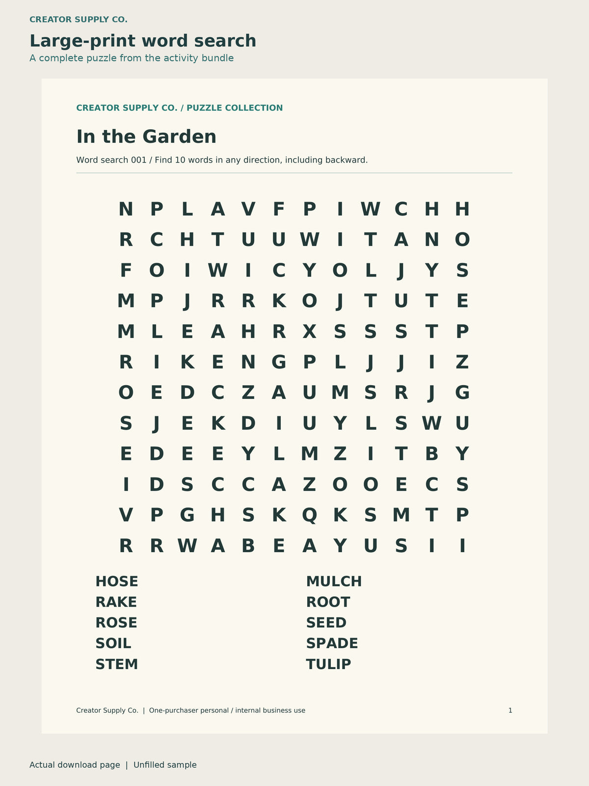 In the Garden word-search page from the Coloring and Activity Mega Bundle with a large-letter puzzle grid