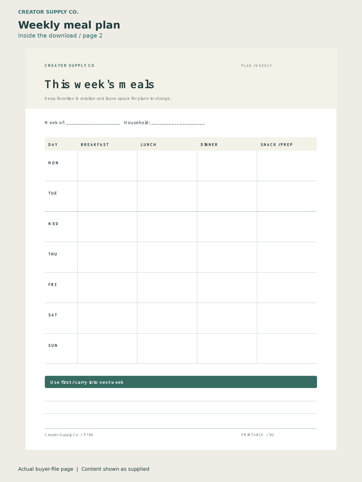 Page 2 from Weekly Meal Planner & Grocery List, showing Weekly meal plan.