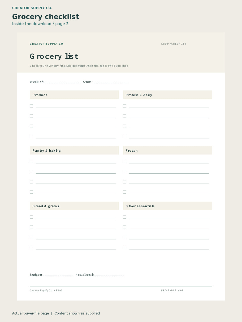 Page 3 from Weekly Meal Planner & Grocery List, showing Grocery checklist.