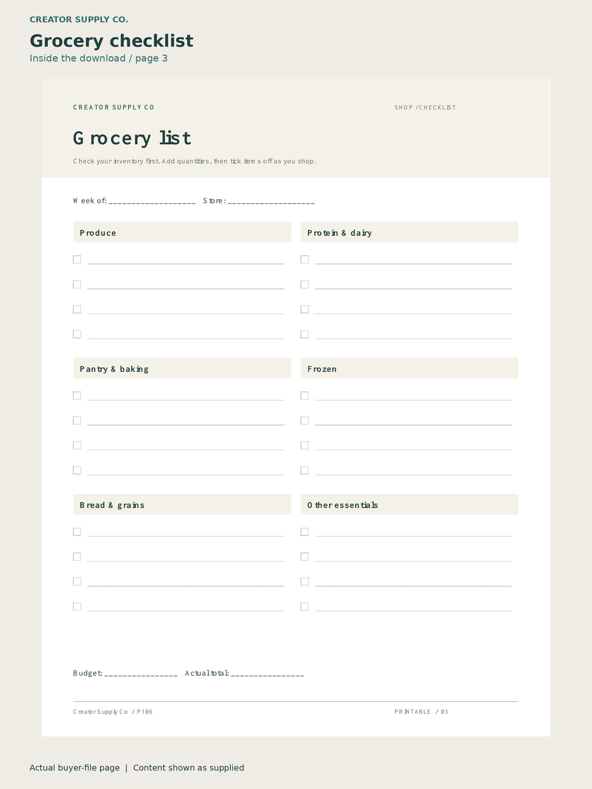 Page 3 from Weekly Meal Planner & Grocery List, showing Grocery checklist.