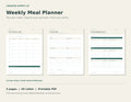 Pages from the 5-page weekly meal planner: weekly meal grid, grocery checklist, and pantry fridge freezer inventory.