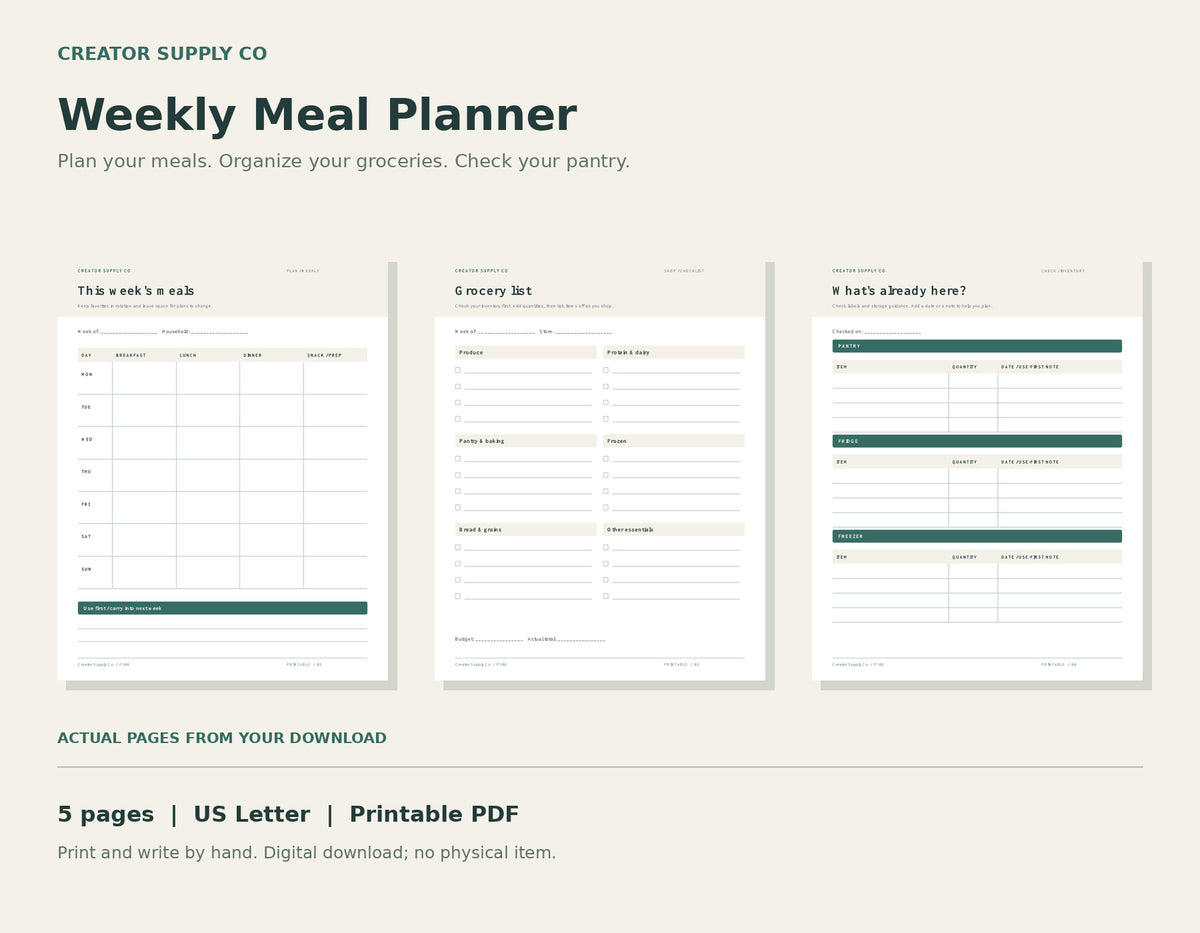 Pages from the 5-page weekly meal planner: weekly meal grid, grocery checklist, and pantry fridge freezer inventory.