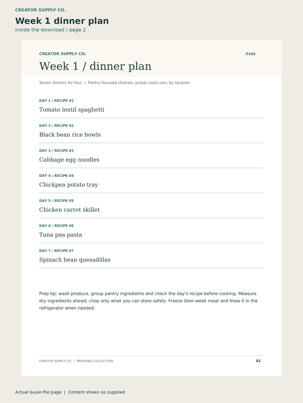 Page 2 from Budget Meal Plan: 4 Weeks of Dinners, showing Week 1 dinner plan.