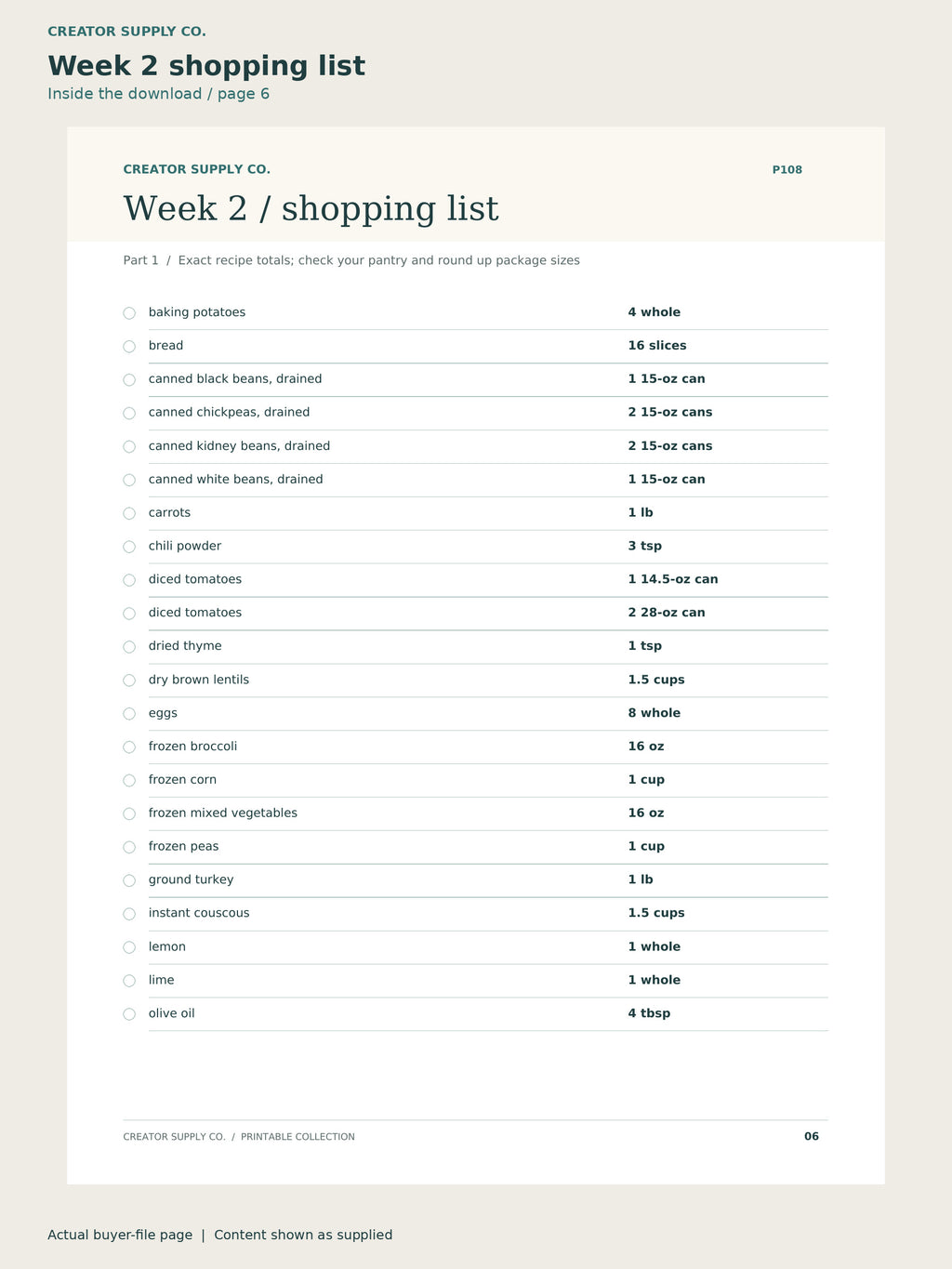 Page 6 from Budget Meal Plan: 4 Weeks of Dinners, showing Week 2 shopping list.