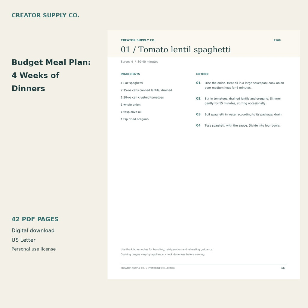 Budget Meal Plan: 4 Weeks of Dinners – printable PDF pages preview