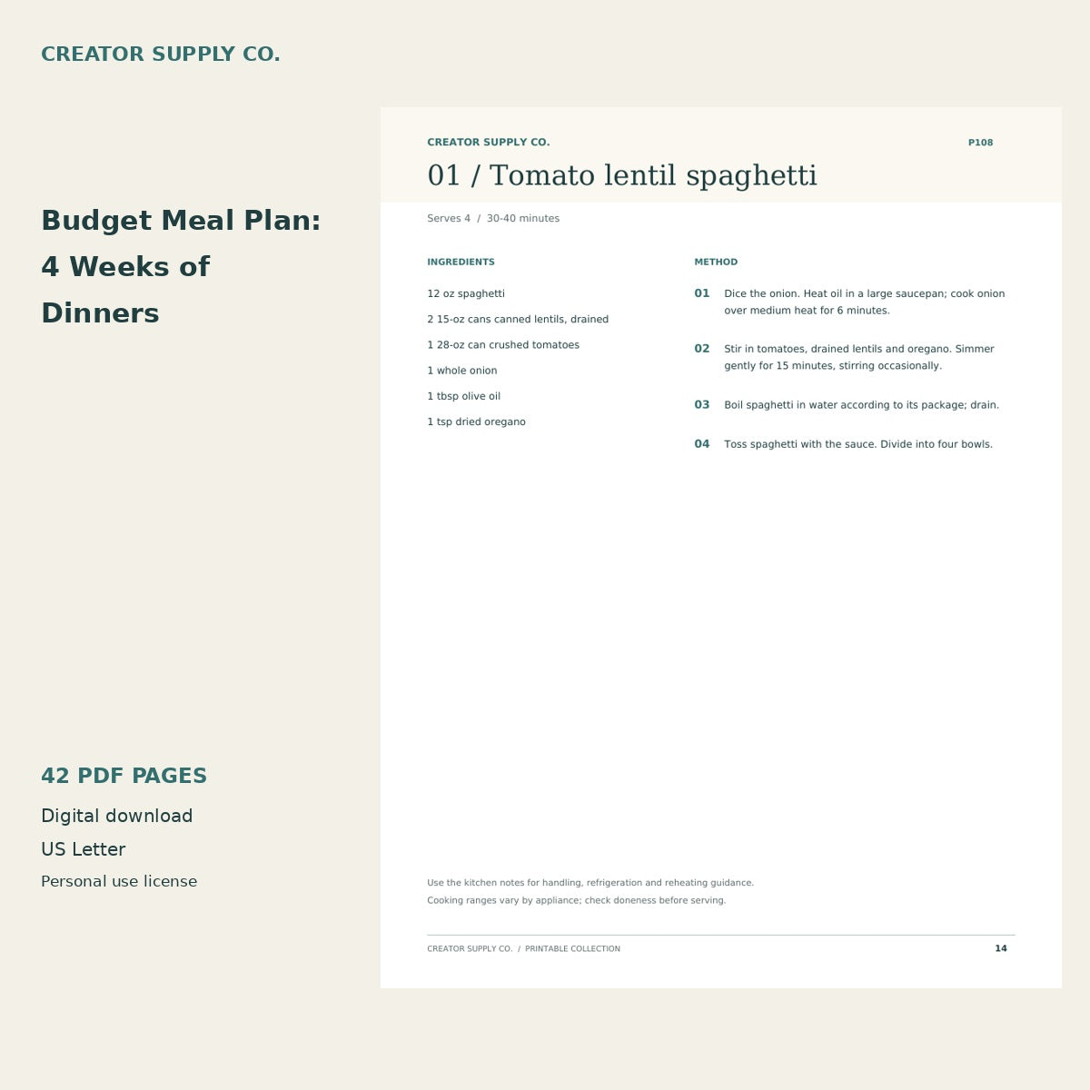 Budget Meal Plan: 4 Weeks of Dinners – printable PDF pages preview