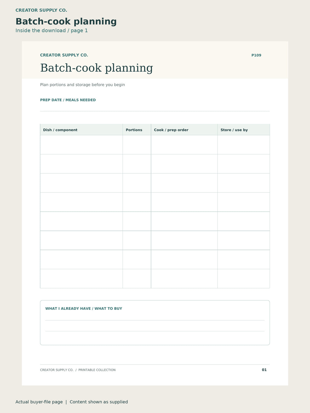 Page 1 from Meal Prep Planner, showing Batch-cook planning.
