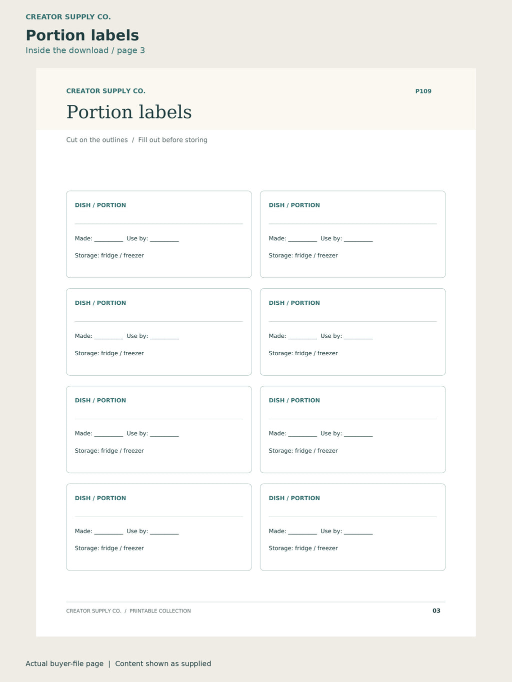 Page 3 from Meal Prep Planner, showing Portion labels.