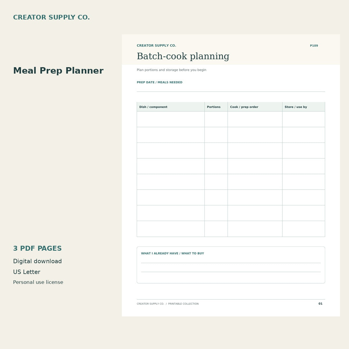Meal Prep Planner – printable PDF pages preview