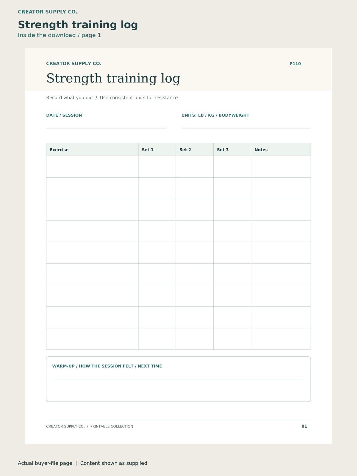 Page 1 from Workout Log Printable, showing Strength training log.