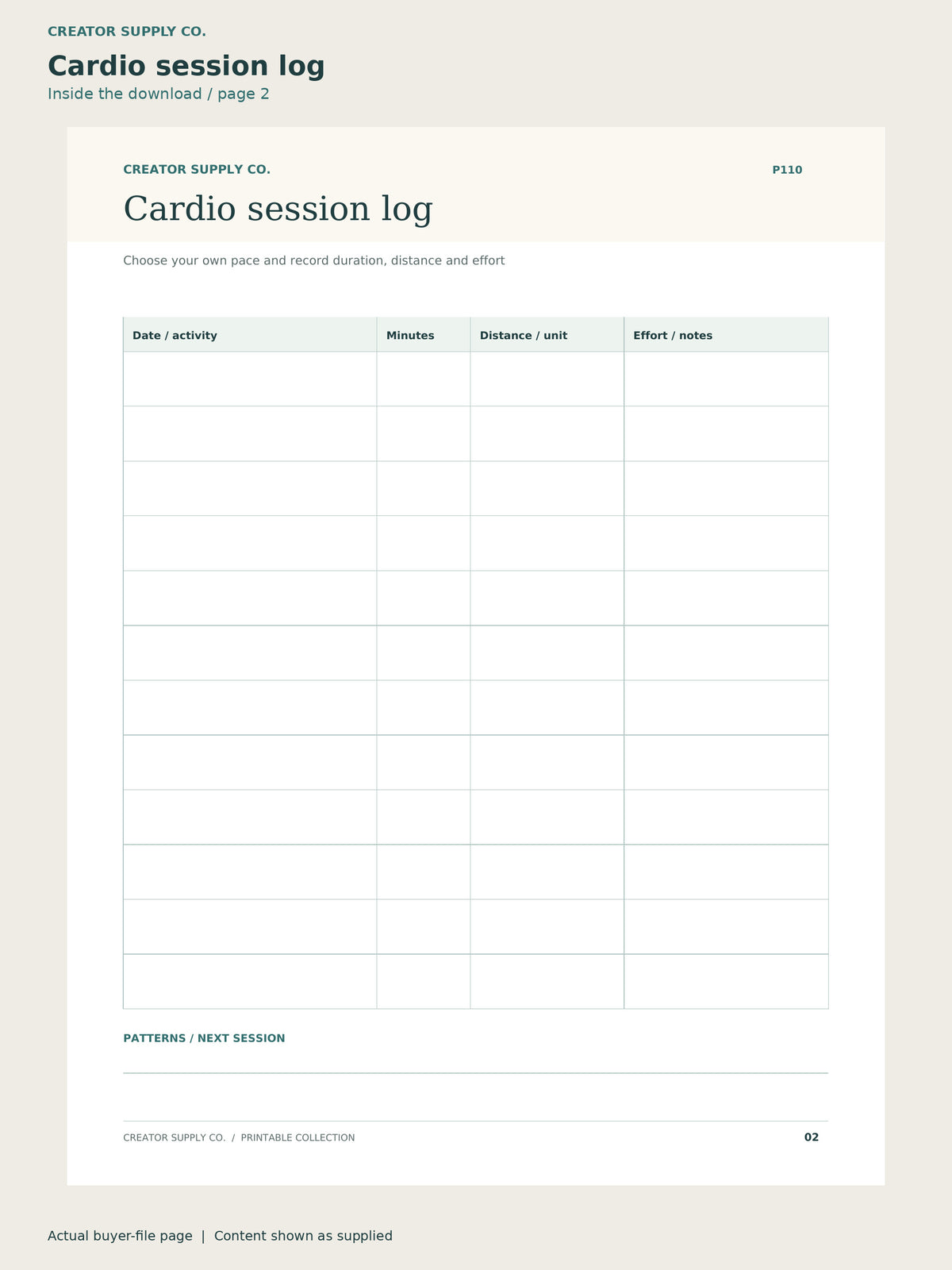 Page 2 from Workout Log Printable, showing Cardio session log.