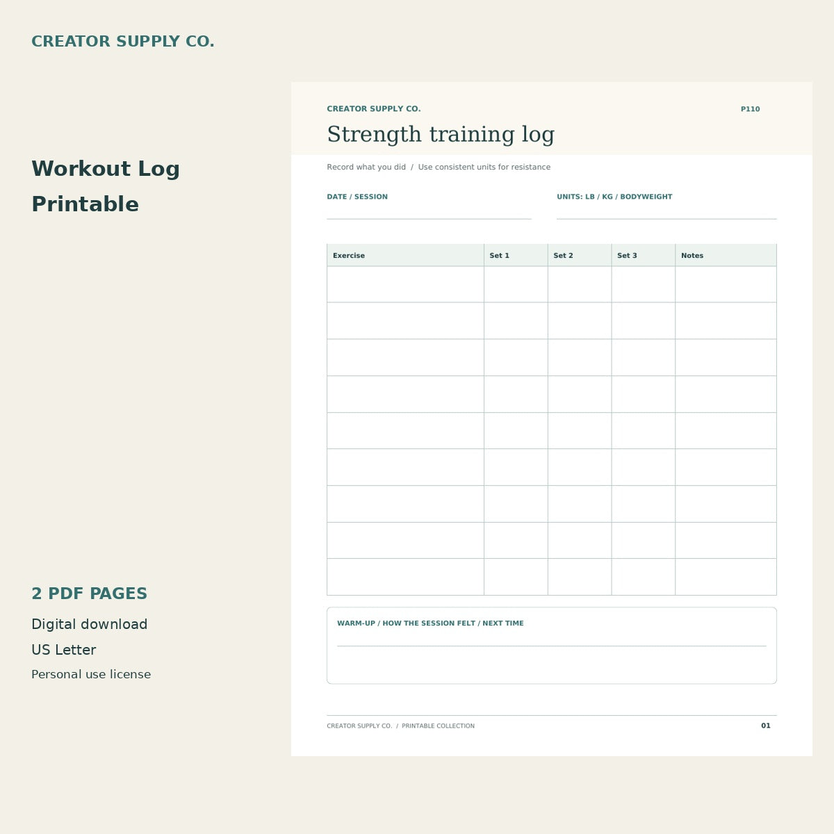 Workout Log Printable – printable PDF pages preview