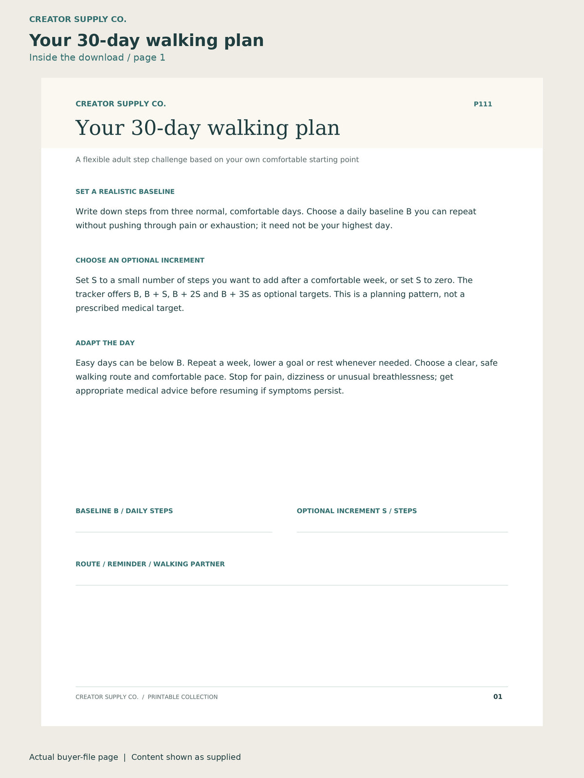 Page 1 from 30-Day Walking Challenge, showing Your 30-day walking plan.
