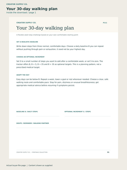 Page 1 from 30-Day Walking Challenge, showing Your 30-day walking plan.