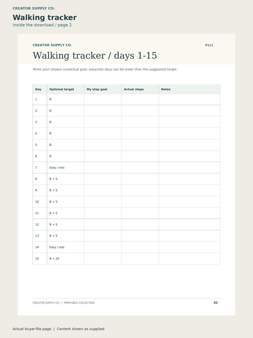 Page 2 from 30-Day Walking Challenge, showing Walking tracker.
