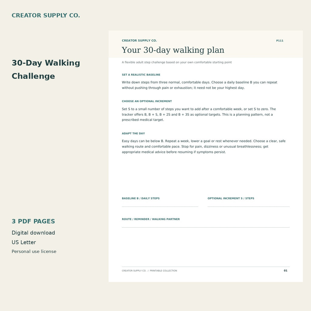 30-Day Walking Challenge preview showing the setup page for choosing a baseline and optional step increase.