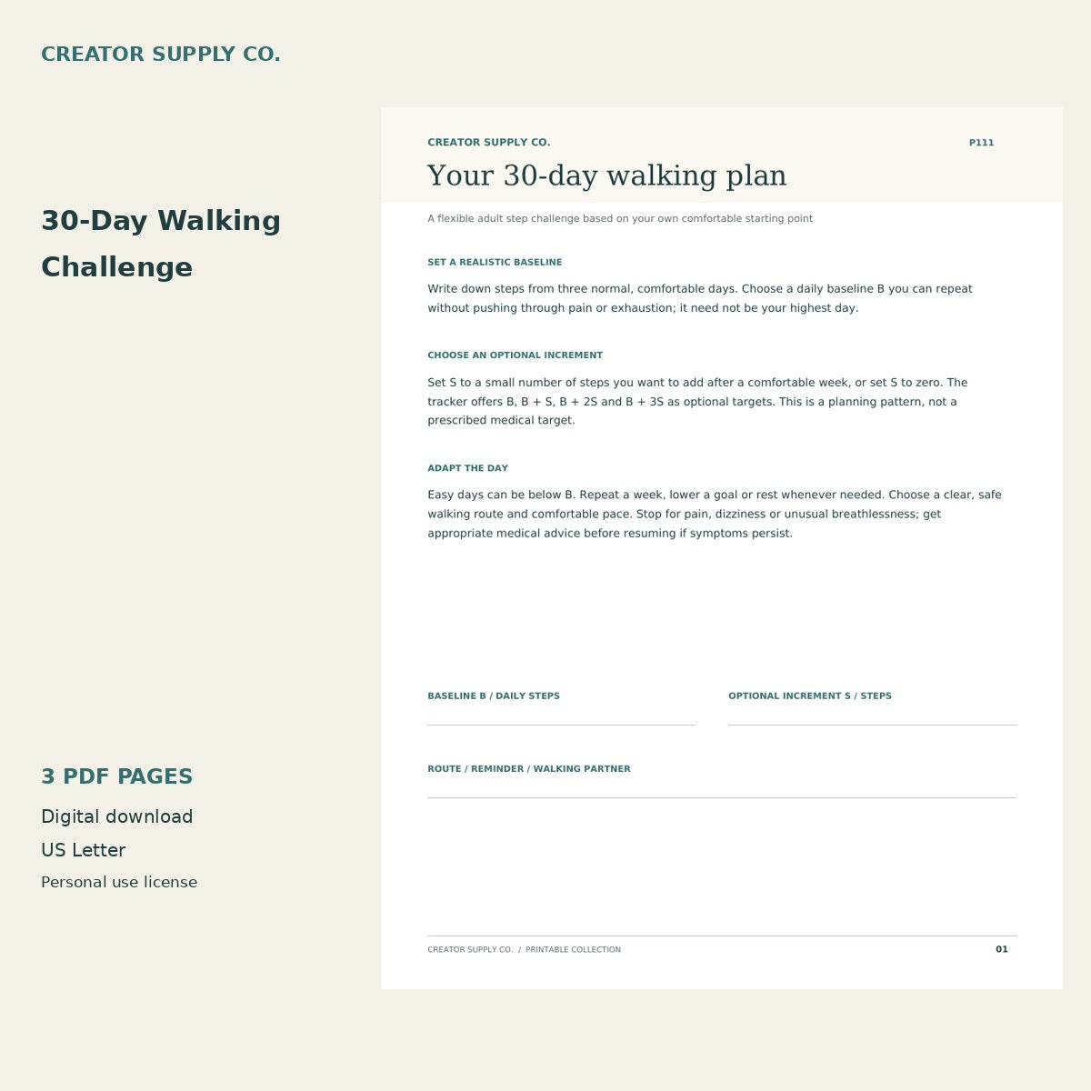 30-Day Walking Challenge preview showing the setup page for choosing a baseline and optional step increase.