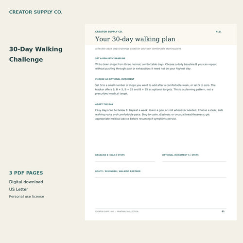 30-Day Walking Challenge preview showing the setup page for choosing a baseline and optional step increase.