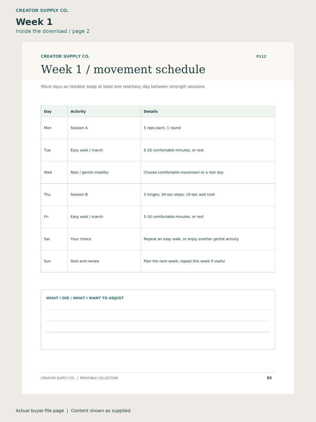 Page 2 from Home Workout Plan (no equipment, beginner), showing Week 1.