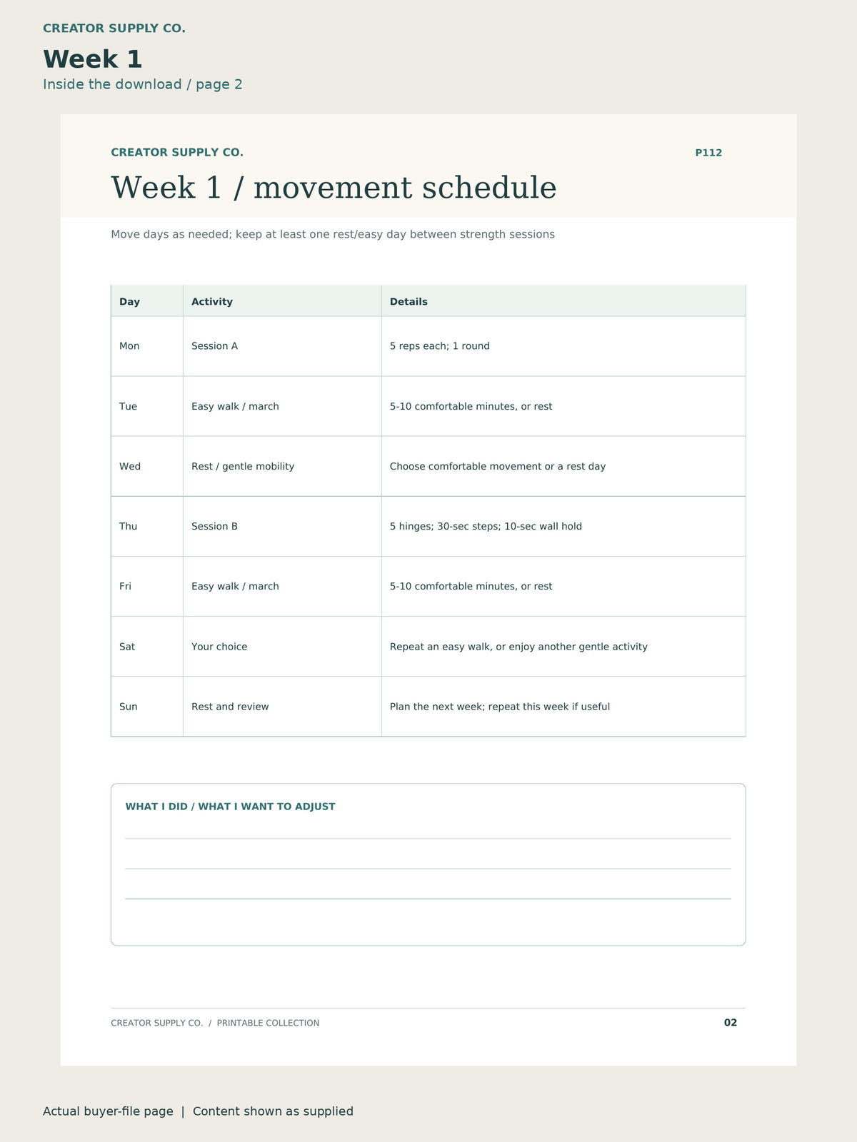 Page 2 from Home Workout Plan (no equipment, beginner), showing Week 1.