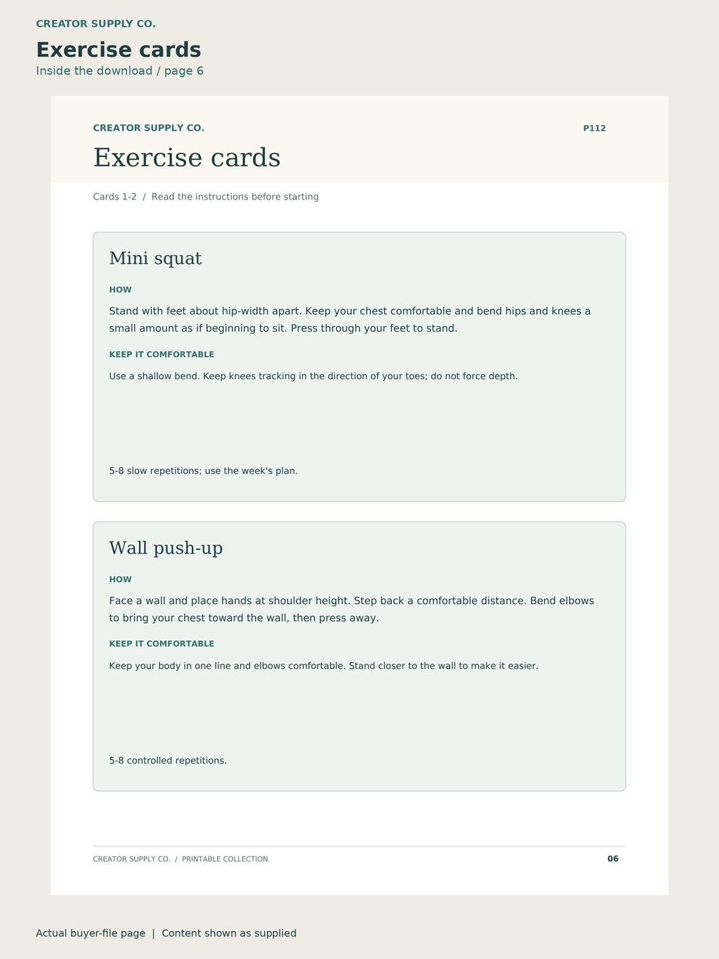 Page 6 from Home Workout Plan (no equipment, beginner), showing Exercise cards.
