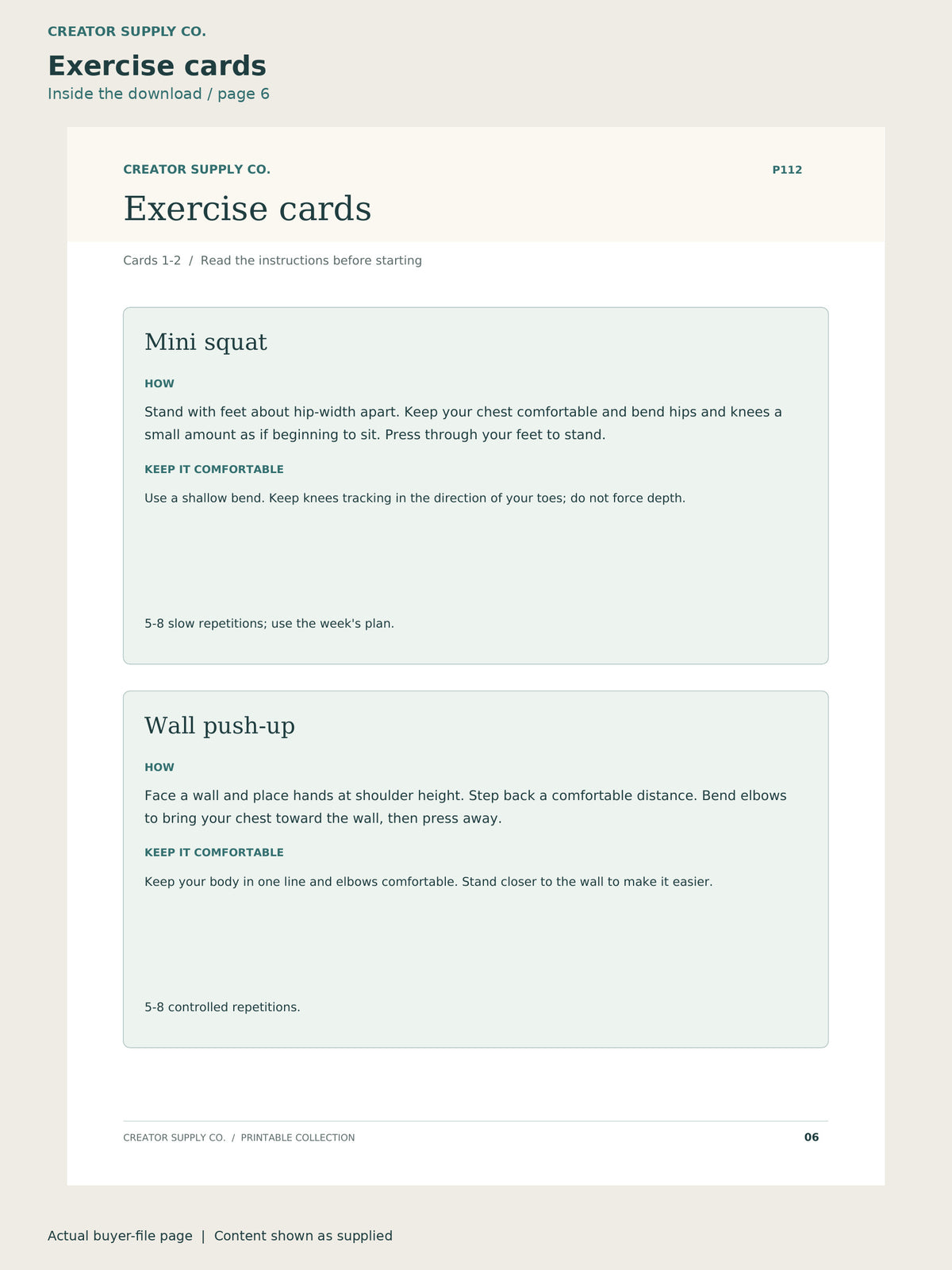 Page 6 from Home Workout Plan (no equipment, beginner), showing Exercise cards.