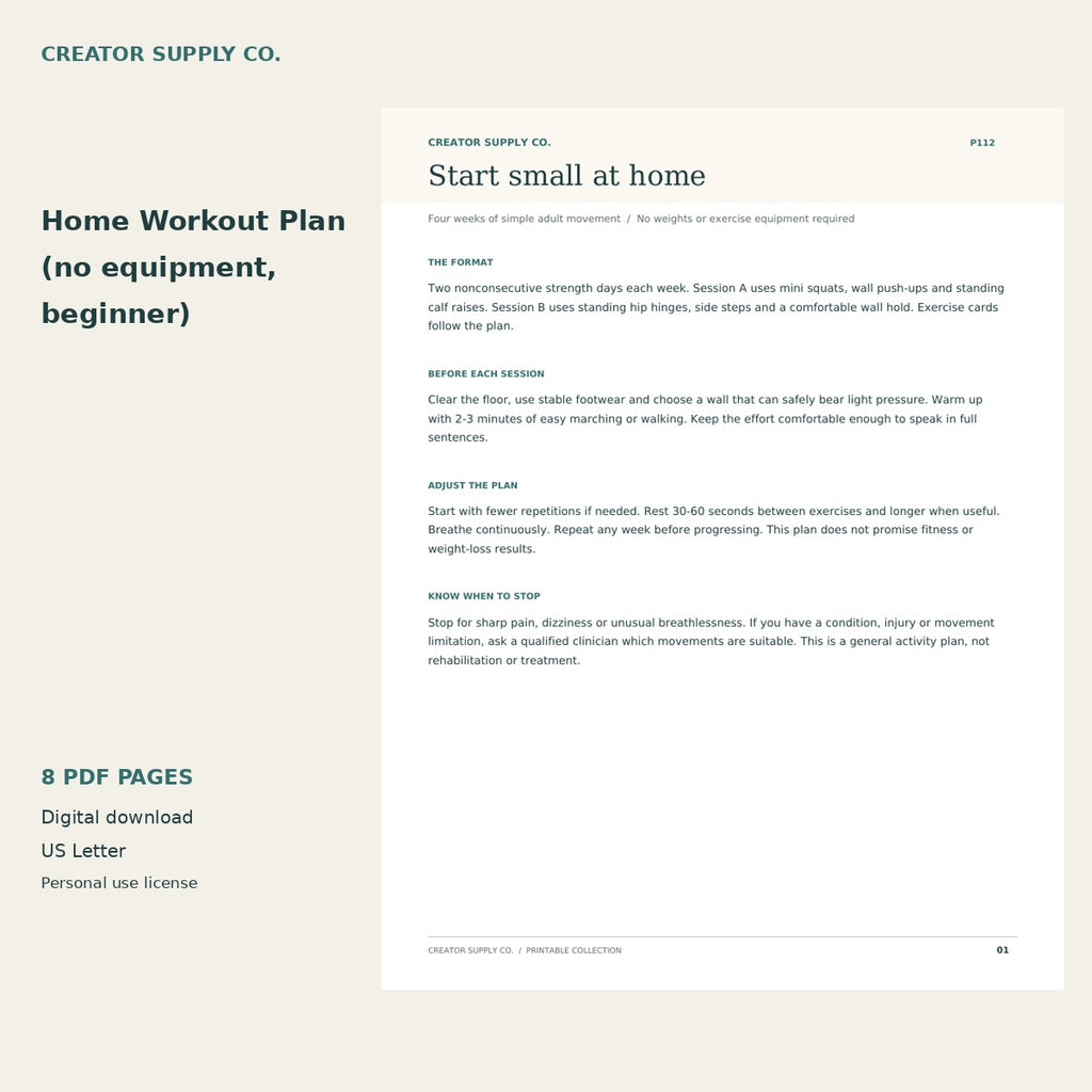 Home Workout Plan (no equipment, beginner) – printable PDF pages preview