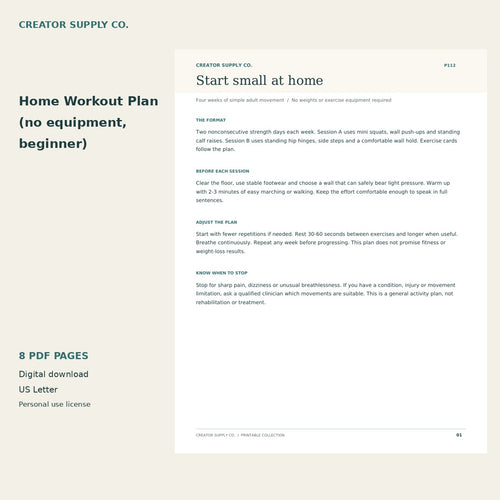 Home Workout Plan (no equipment, beginner) – printable PDF pages preview