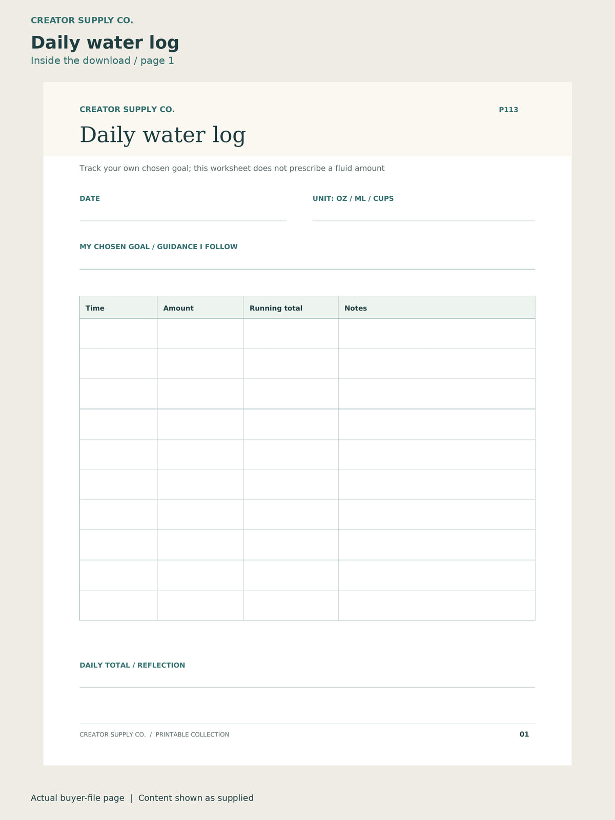 Page 1 from Water Intake Tracker, showing Daily water log.