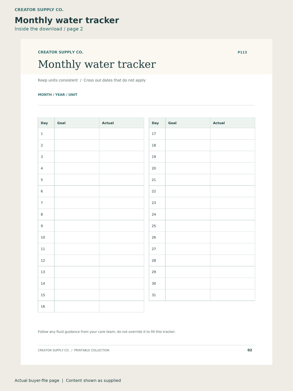 Page 2 from Water Intake Tracker, showing Monthly water tracker.
