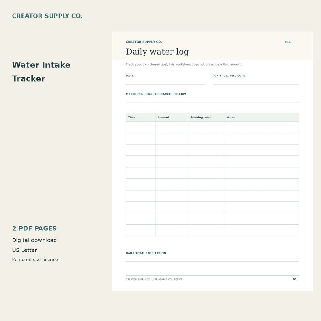 Water Intake Tracker – printable PDF pages preview