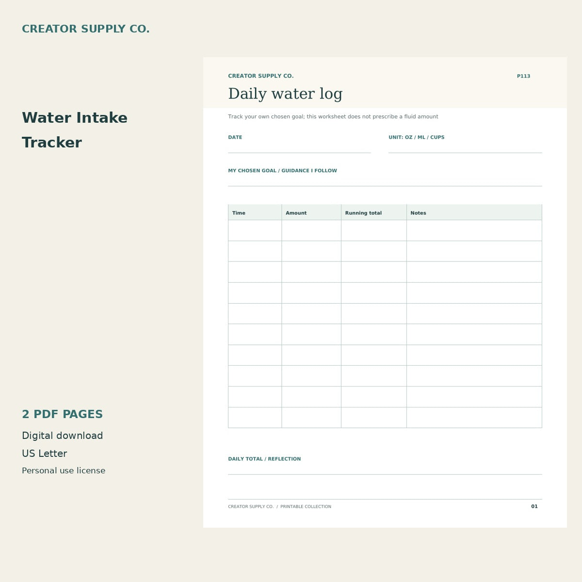 Water Intake Tracker – printable PDF pages preview